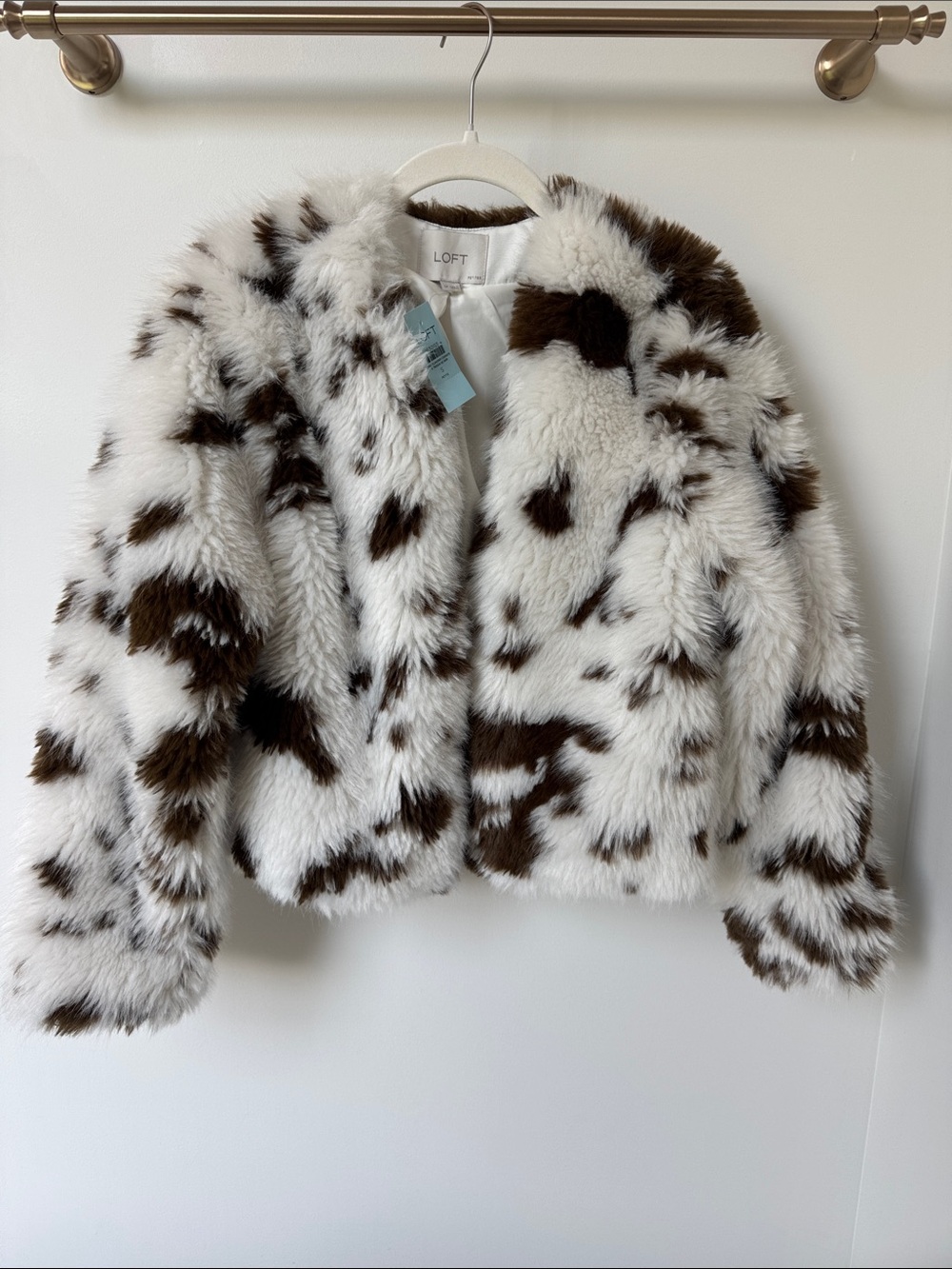 LOFT White Faux Fur Jacket with Brown Spots